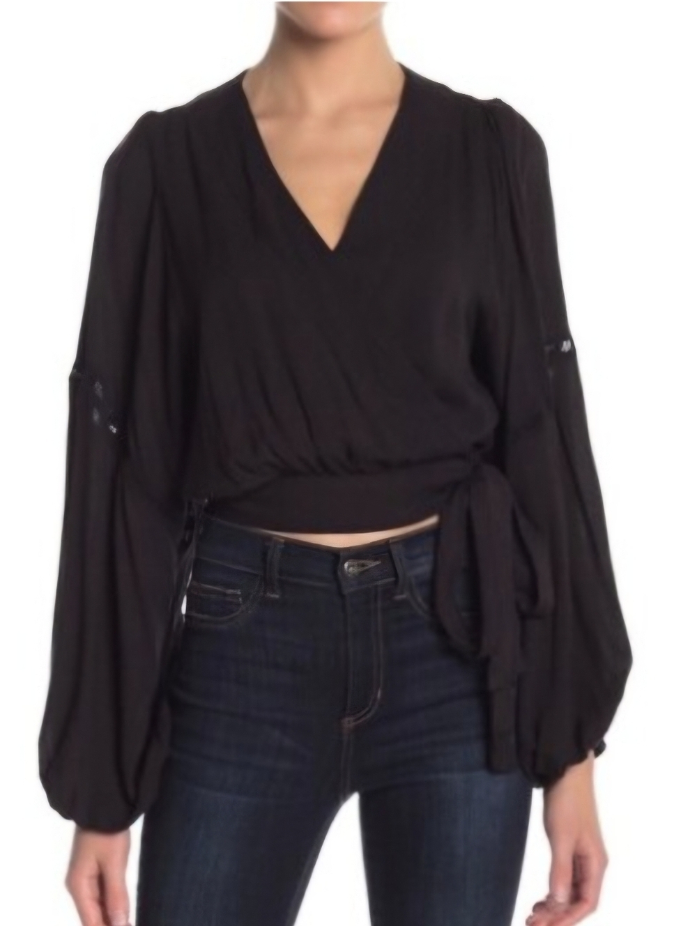 Free People Women's Size Small Soft Surroundings Black Wrap Tie Blouse
